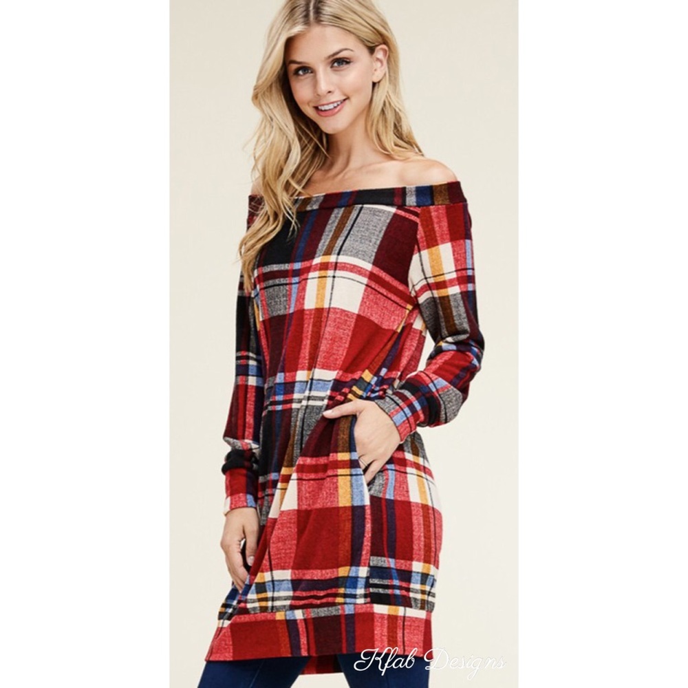 ❤️LAST ONE! Off Shoulder Plaid Tunic w/Side Pockets! - Picture 4 of 7